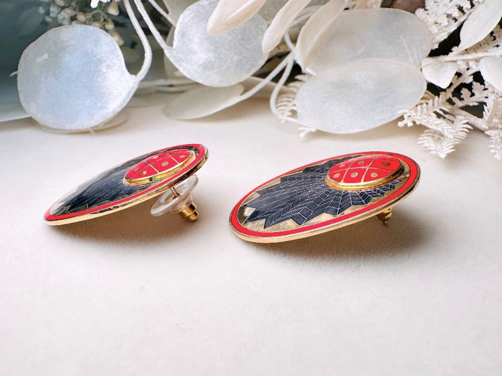 Vintage Enamel Earrings, Oversized Red Gold and Black Geometric Earrings