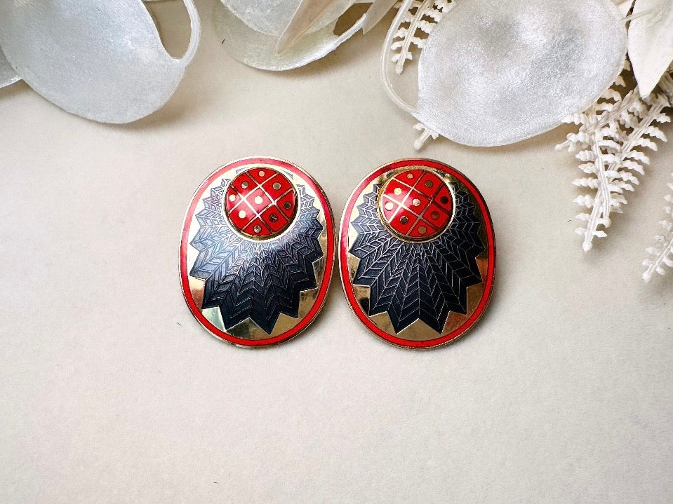 Vintage Enamel Earrings, Oversized Red Gold and Black Geometric Earrings