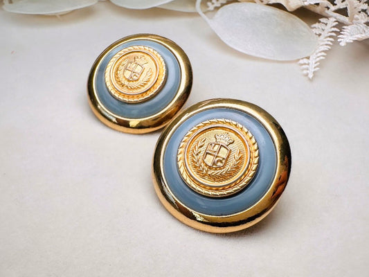 Vintage Etruscan Button Earrings, Liz Claiborne Oversized Shield Earrings with Signaure Matte Gold Crest and Blue Enamel Border