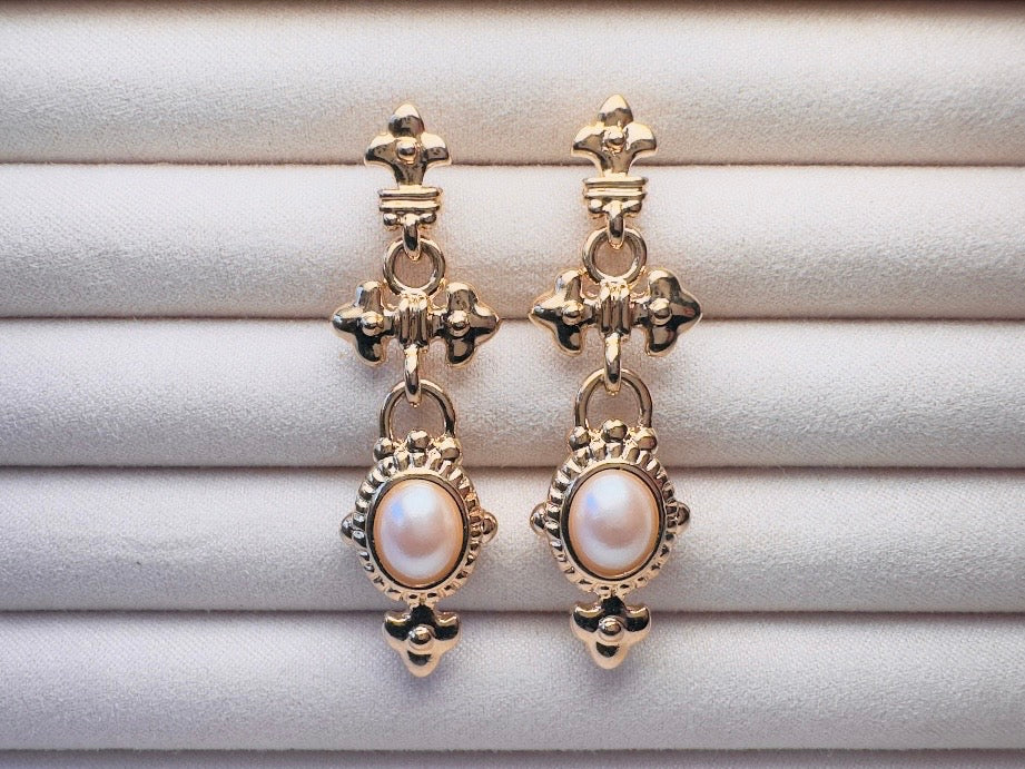 Vintage Etruscan Drop Earrings with Cream Pearl Cabochons, 80s Park Lane Pierced Post Earrings