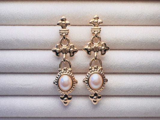 Vintage Etruscan Drop Earrings with Cream Pearl Cabochons, 80s Park Lane Pierced Post Earrings