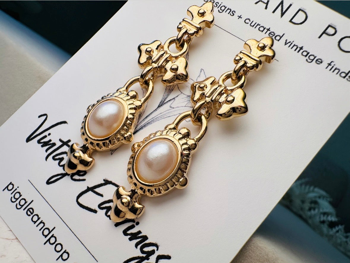 Vintage Etruscan Drop Earrings with Cream Pearl Cabochons, 80s Park Lane Pierced Post Earrings