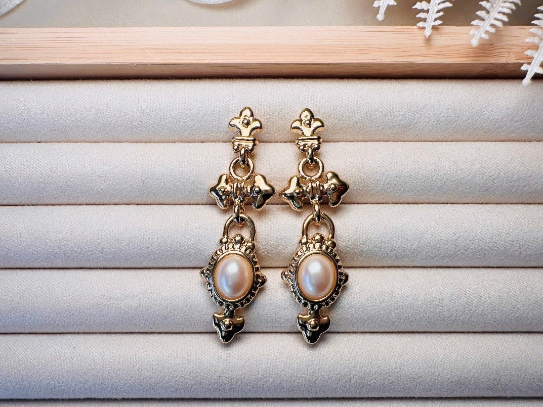 Vintage Etruscan Drop Earrings with Cream Pearl Cabochons, 80s Park Lane Pierced Post Earrings