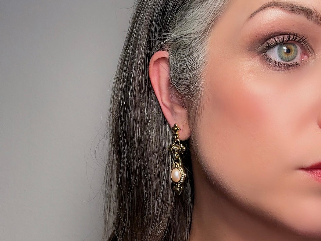 Vintage Etruscan Drop Earrings with Cream Pearl Cabochons, 80s Park Lane Pierced Post Earrings