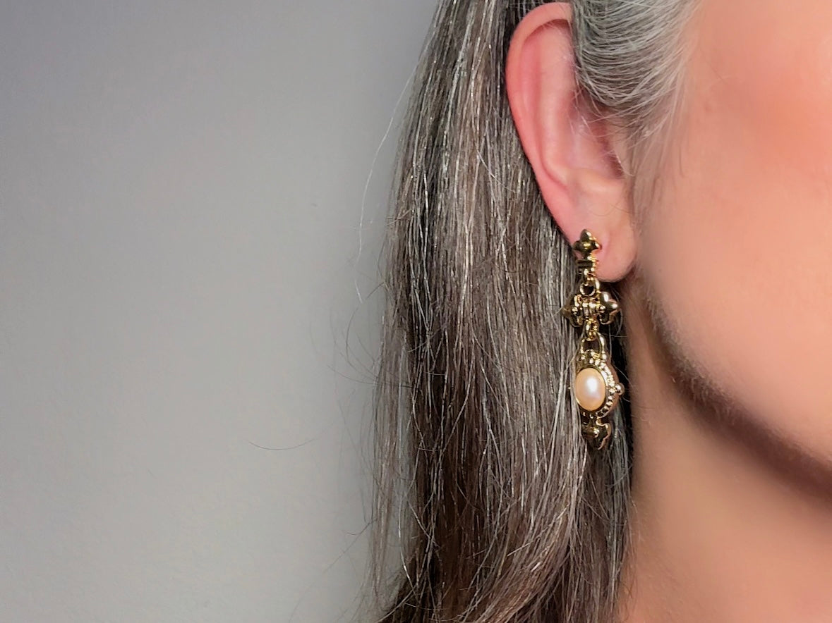 Vintage Etruscan Drop Earrings with Cream Pearl Cabochons, 80s Park Lane Pierced Post Earrings