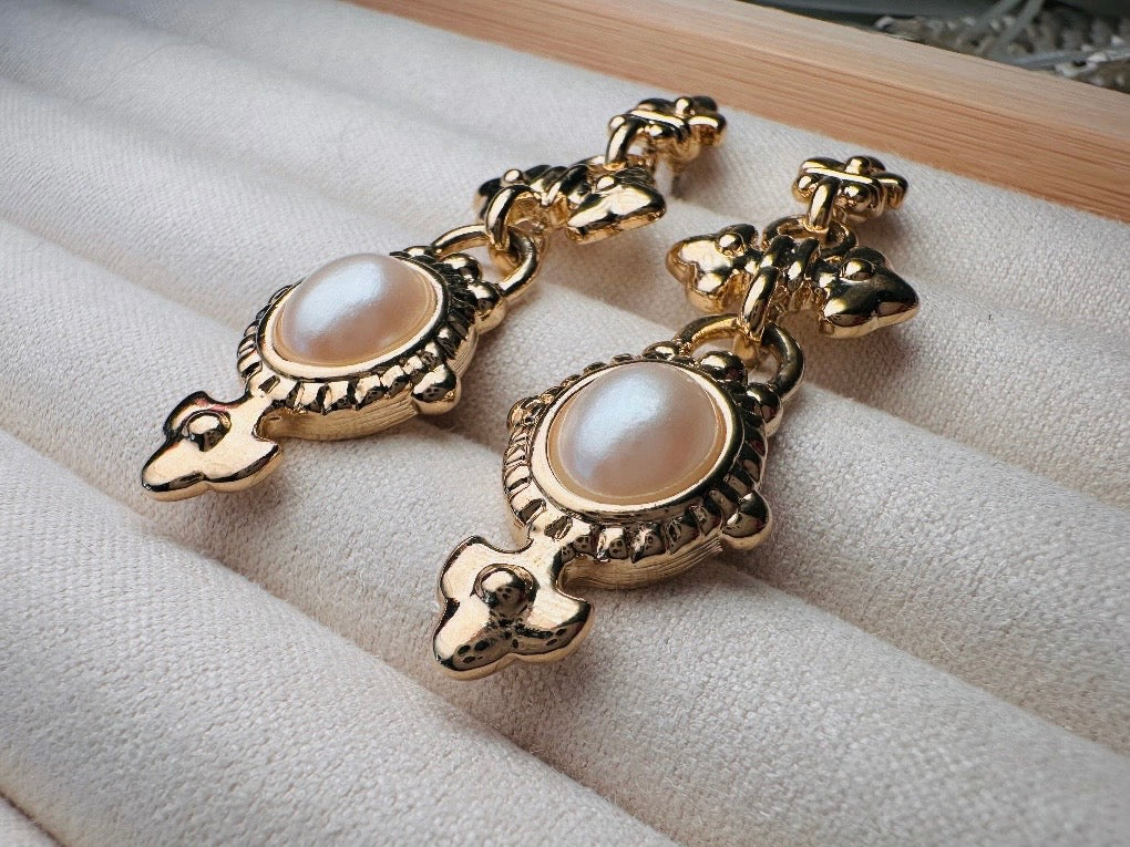 Vintage Etruscan Drop Earrings with Cream Pearl Cabochons, 80s Park Lane Pierced Post Earrings