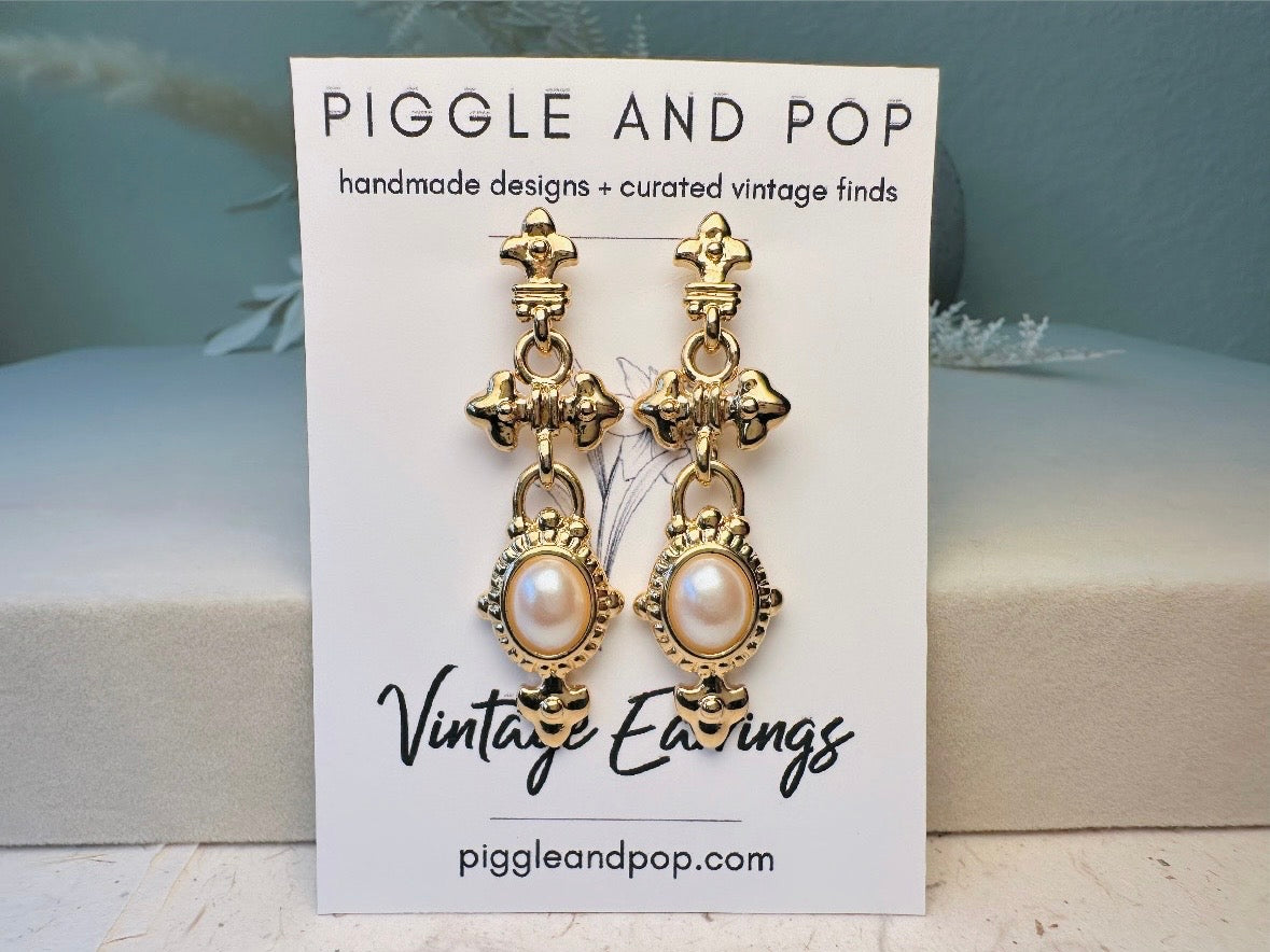 Vintage Etruscan Drop Earrings with Cream Pearl Cabochons, 80s Park Lane Pierced Post Earrings