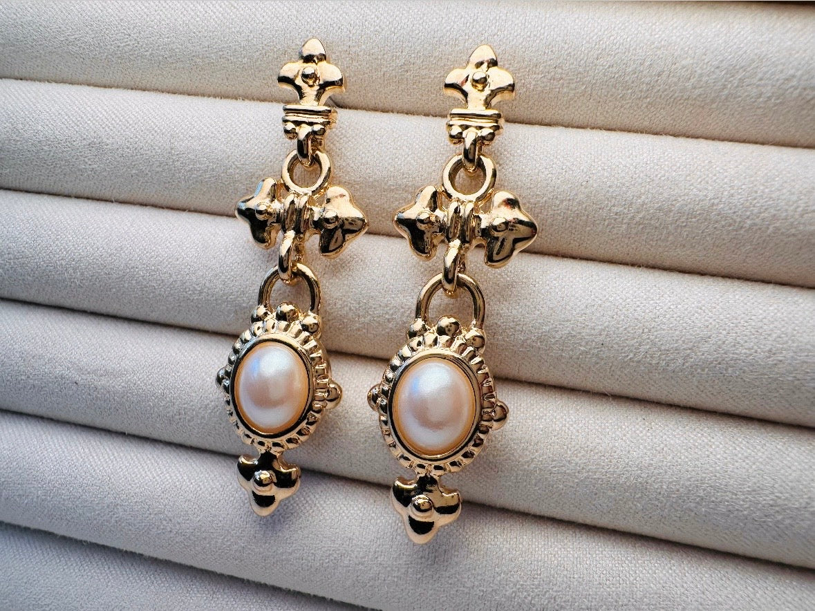 Vintage Etruscan Drop Earrings with Cream Pearl Cabochons, 80s Park Lane Pierced Post Earrings
