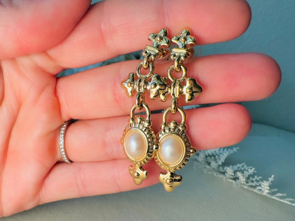 Vintage Etruscan Drop Earrings with Cream Pearl Cabochons, 80s Park Lane Pierced Post Earrings
