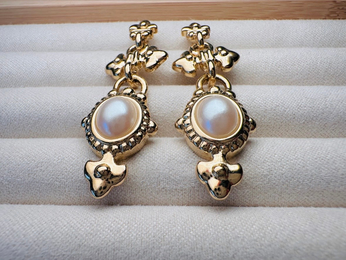 Vintage Etruscan Drop Earrings with Cream Pearl Cabochons, 80s Park Lane Pierced Post Earrings