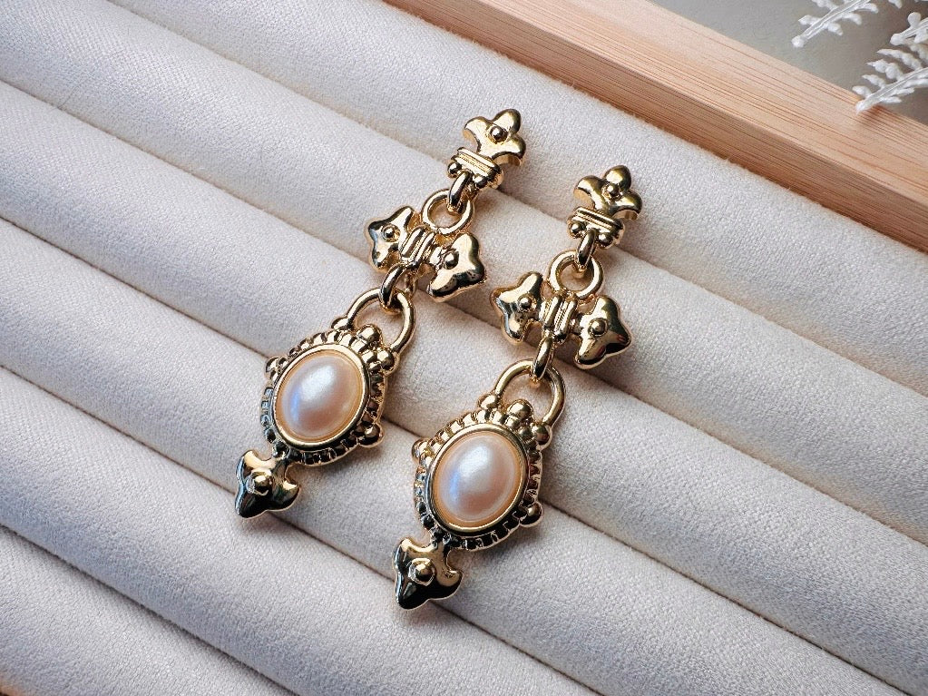 Vintage Etruscan Drop Earrings with Cream Pearl Cabochons, 80s Park Lane Pierced Post Earrings