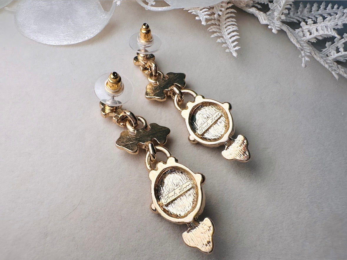 Vintage Etruscan Drop Earrings with Cream Pearl Cabochons, 80s Park Lane Pierced Post Earrings