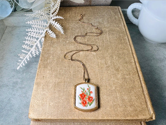 Vintage Floral Pendant Necklace, Porcelain Birth Flower Necklace for August Birthdays, 1980 Avon Floral Heritage Red Gladiolus