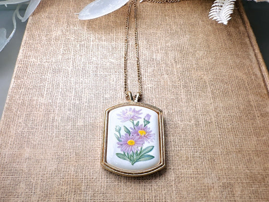 Vintage Flower Pendant Necklace, Purple Aster Floral Porcelain Necklace, Cottagecore September Birth Flower Necklace