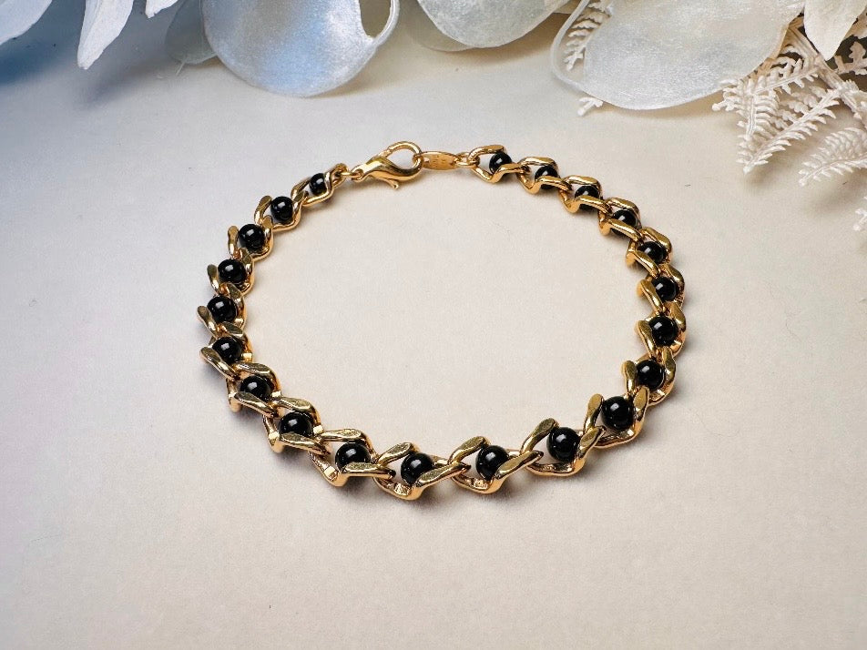 Vintage Genuine Onyx and Gold Link Bracelet, Delicate Black and Gold Gemstone Bracelet