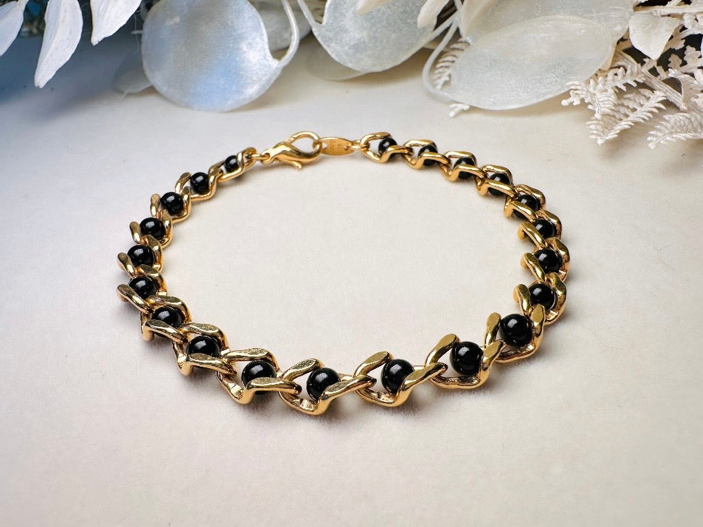 Vintage Genuine Onyx and Gold Link Bracelet, Delicate Black and Gold Gemstone Bracelet