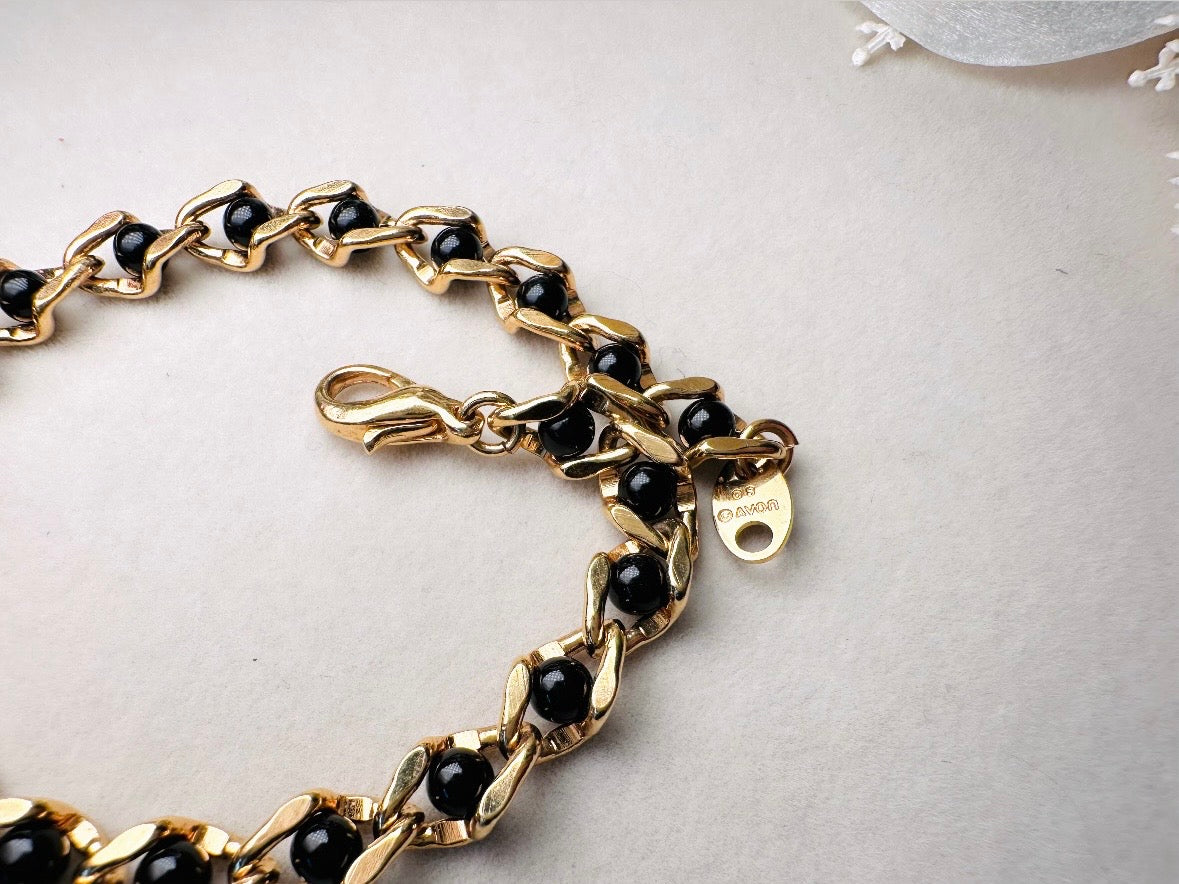 Vintage Genuine Onyx and Gold Link Bracelet, Delicate Black and Gold Gemstone Bracelet