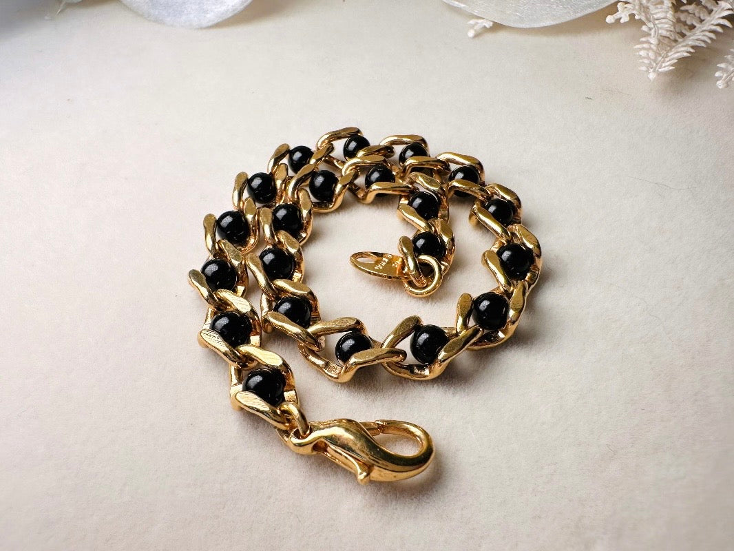 Vintage Genuine Onyx and Gold Link Bracelet, Delicate Black and Gold Gemstone Bracelet