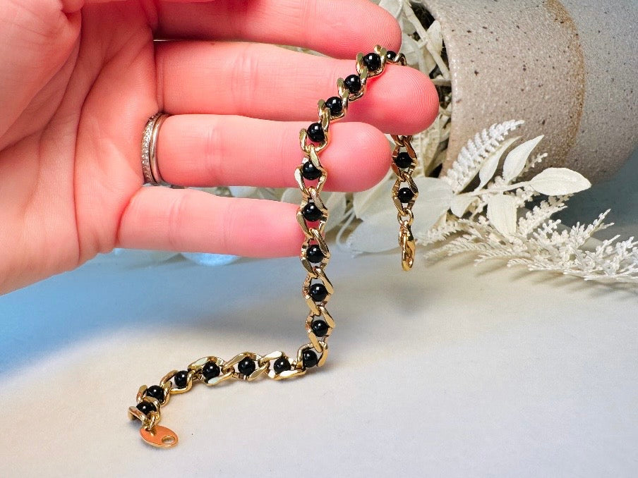 Vintage Genuine Onyx and Gold Link Bracelet, Delicate Black and Gold Gemstone Bracelet