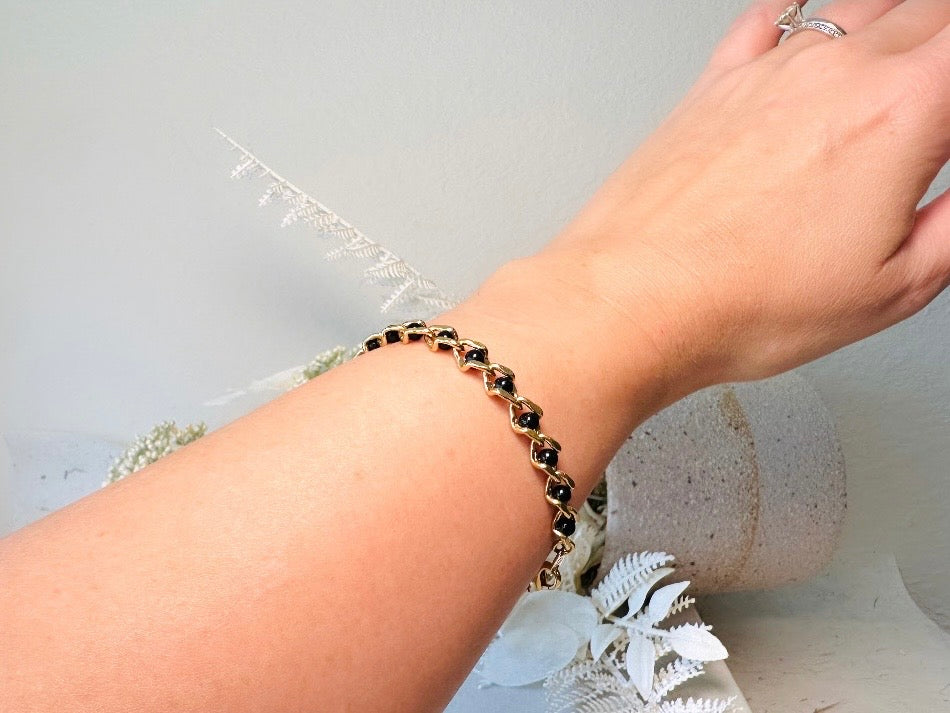 Vintage Genuine Onyx and Gold Link Bracelet, Delicate Black and Gold Gemstone Bracelet