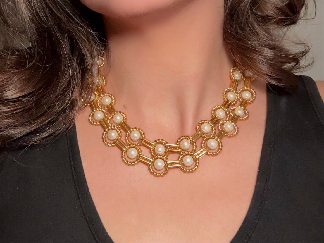 Vintage Geometric Double Strand Gold Chain Collar Necklace with Gold Rope Border Links and Cream Faux Pearls