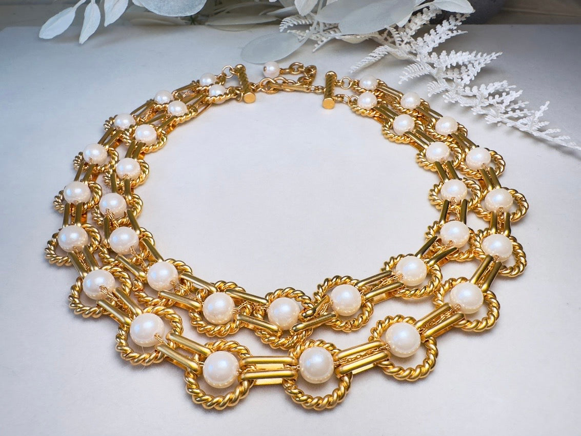 Vintage Geometric Double Strand Gold Chain Collar Necklace with Gold Rope Border Links and Cream Faux Pearls