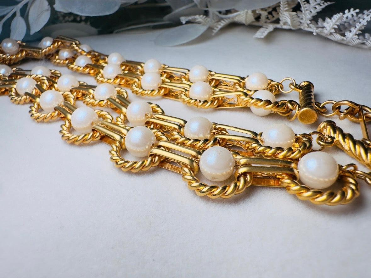 Vintage Geometric Double Strand Gold Chain Collar Necklace with Gold Rope Border Links and Cream Faux Pearls