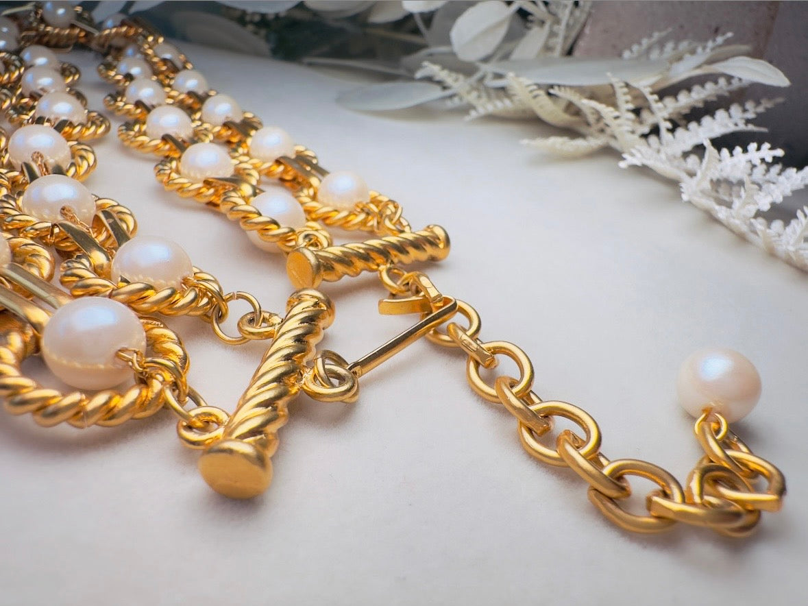 Vintage Geometric Double Strand Gold Chain Collar Necklace with Gold Rope Border Links and Cream Faux Pearls