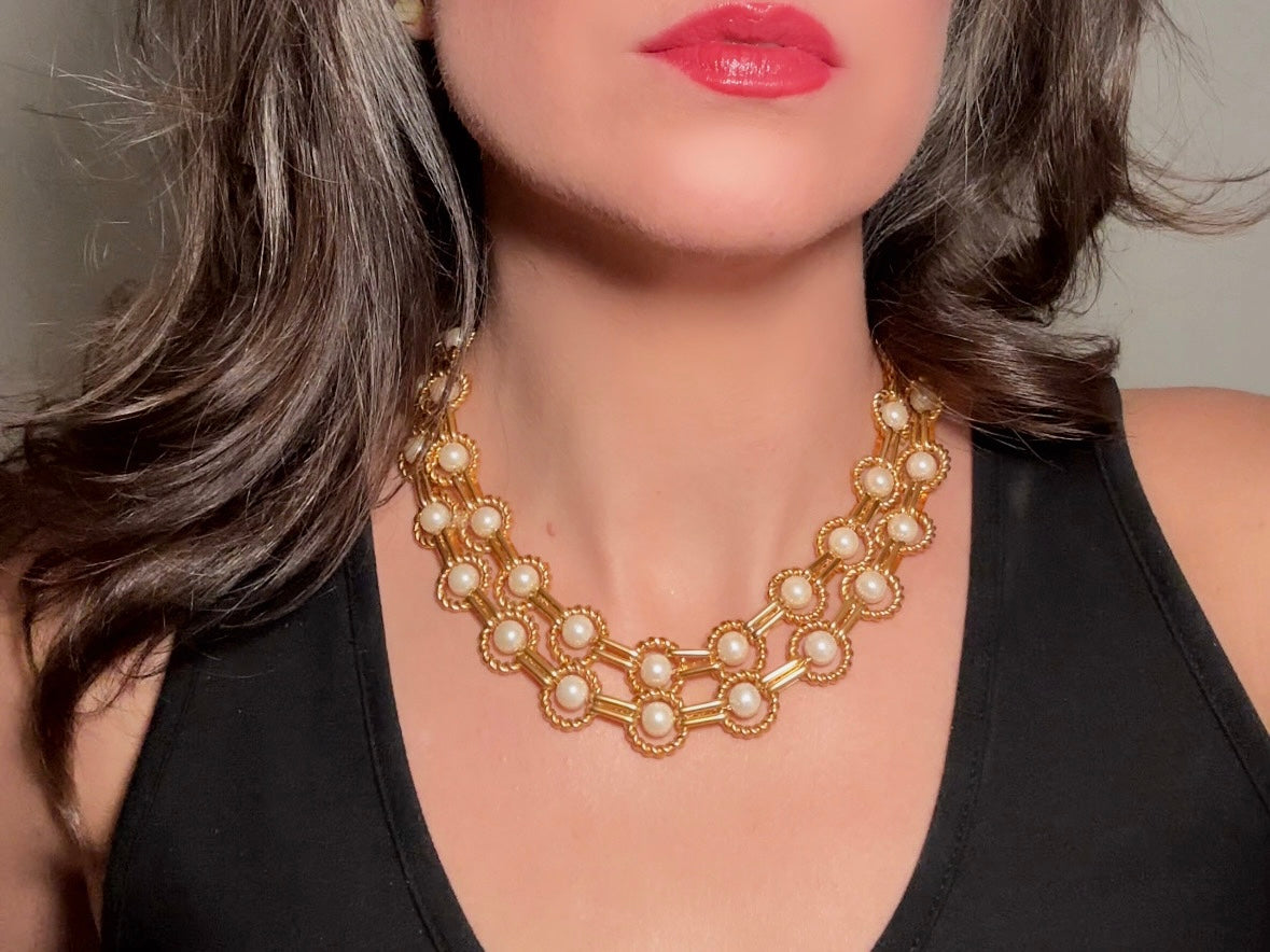 Vintage Geometric Double Strand Gold Chain Collar Necklace with Gold Rope Border Links and Cream Faux Pearls