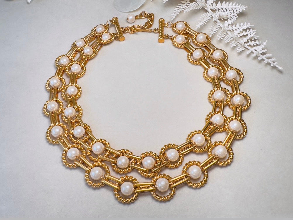 Vintage Geometric Double Strand Gold Chain Collar Necklace with Gold Rope Border Links and Cream Faux Pearls