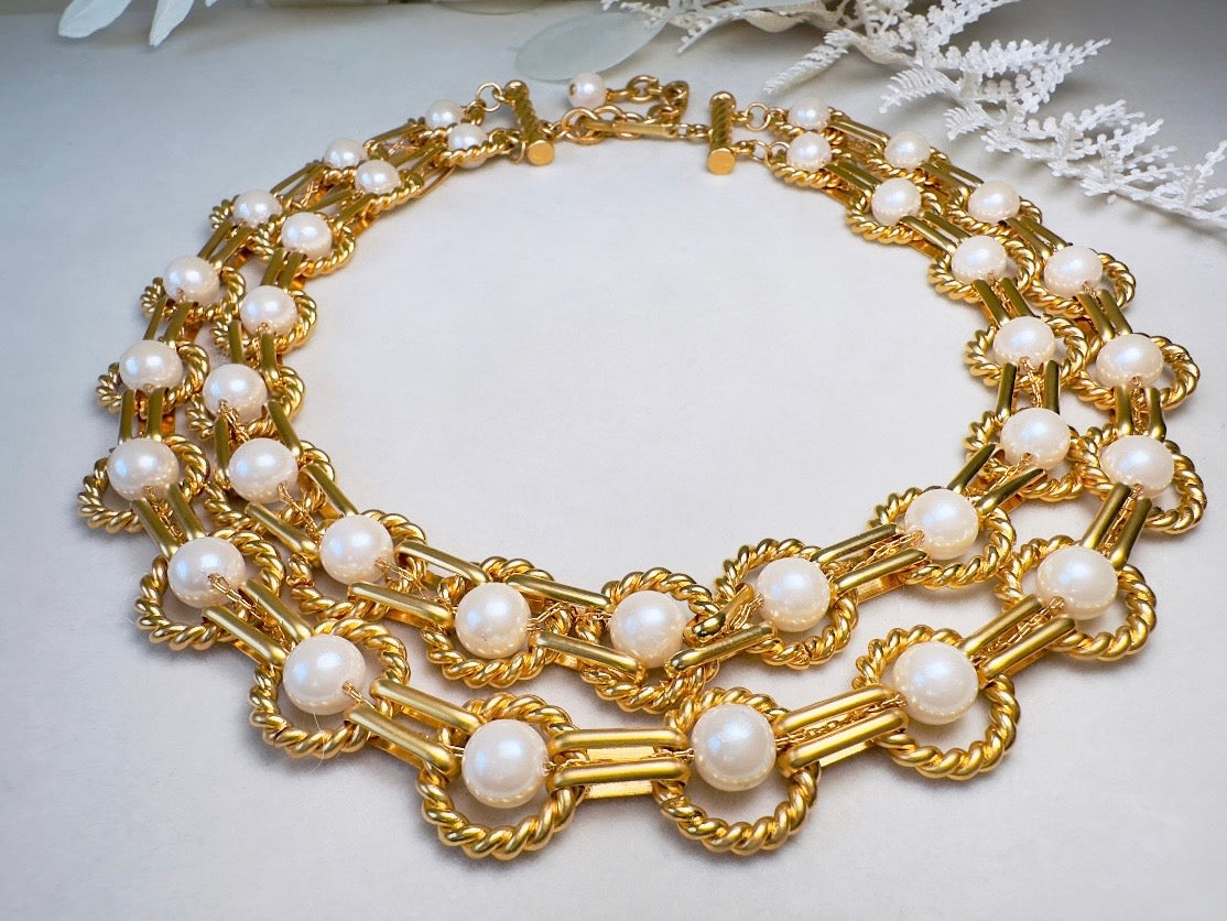 Vintage Geometric Double Strand Gold Chain Collar Necklace with Gold Rope Border Links and Cream Faux Pearls