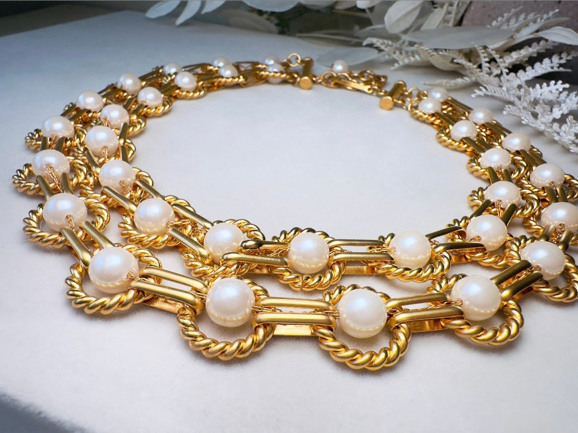 Vintage Geometric Double Strand Gold Chain Collar Necklace with Gold Rope Border Links and Cream Faux Pearls