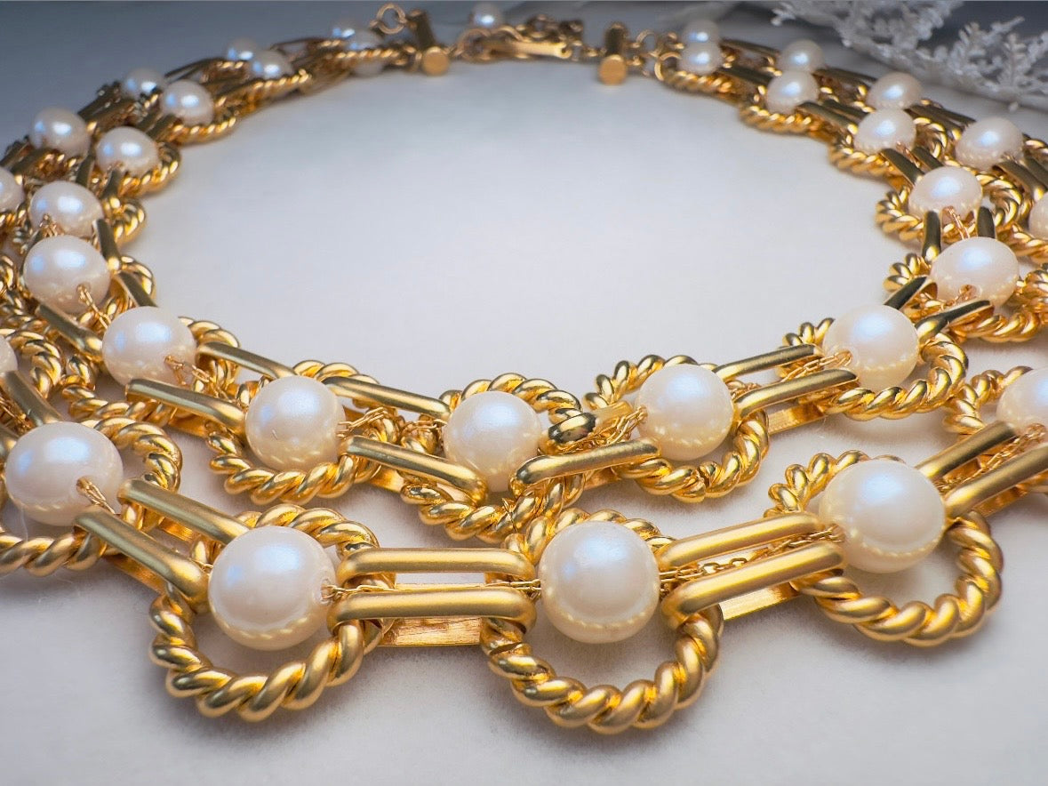 Vintage Geometric Double Strand Gold Chain Collar Necklace with Gold Rope Border Links and Cream Faux Pearls