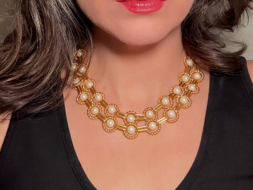 Vintage Geometric Double Strand Gold Chain Collar Necklace with Gold Rope Border Links and Cream Faux Pearls