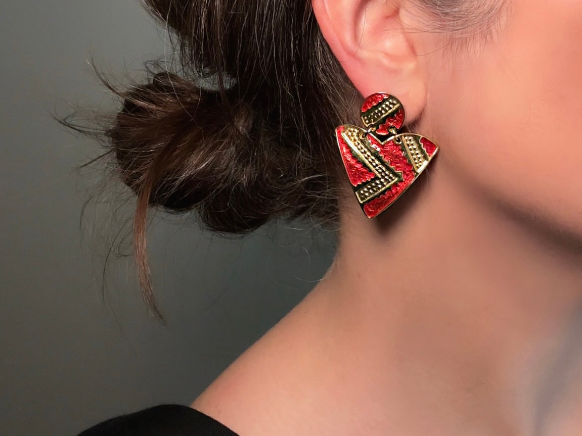 Vintage Geometric Earrings, 1980s Red and Gold Enamel Triangle Pierced Post Earring modelled by bethan jayne