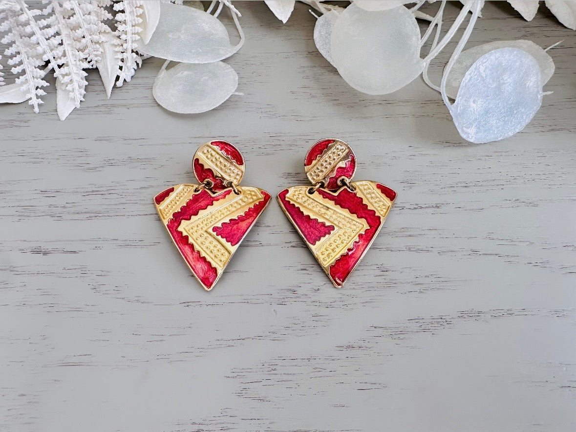 Vintage Geometric Earrings, 1980s Red and Gold Enamel Triangle Pierced Post Earring