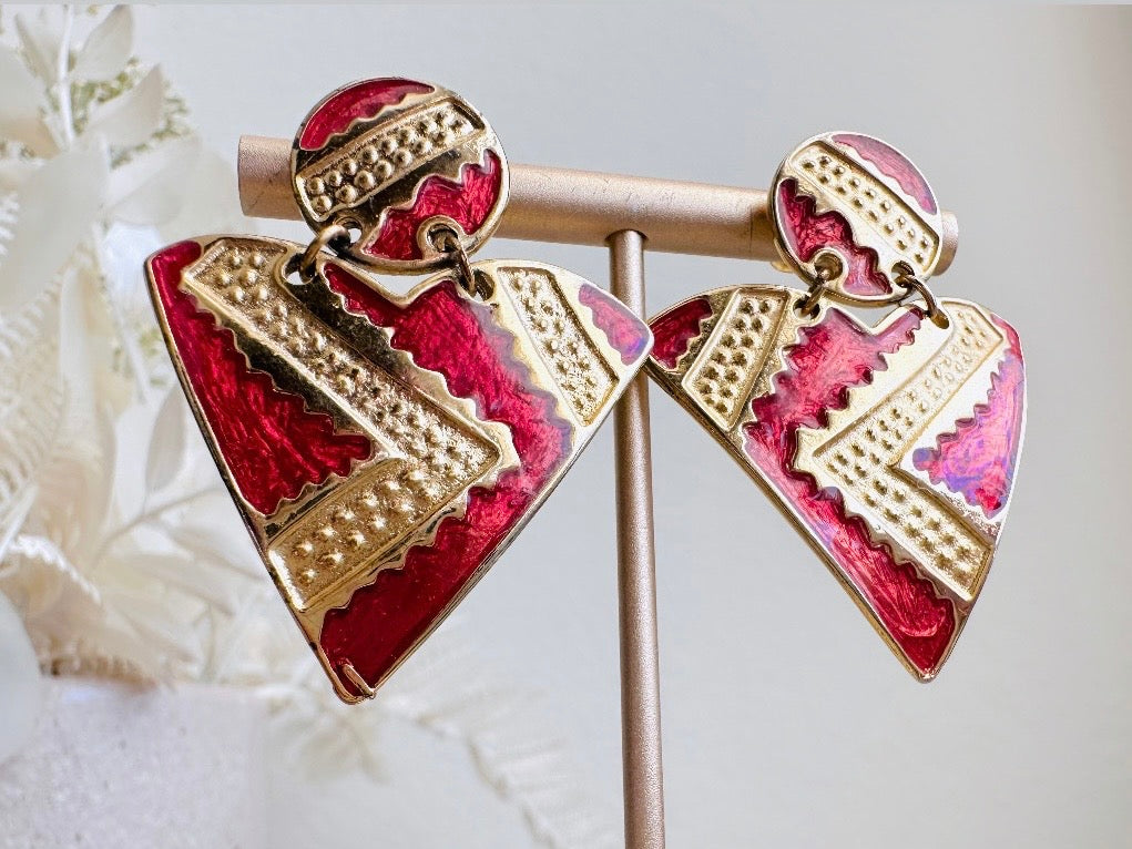 Vintage Geometric Earrings, 1980s Red and Gold Enamel Triangle Pierced Post Earring close up