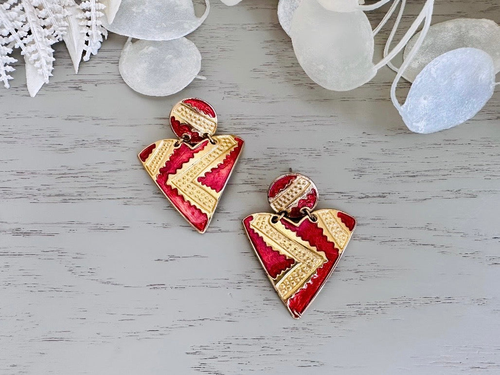 Vintage Geometric Earrings, 1980s Red and Gold Enamel Triangle Pierced Post Earring from Piggle and Pop