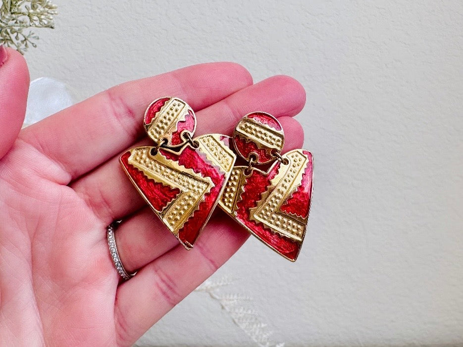 Vintage Geometric Earrings, 1980s Red and Gold Enamel Triangle Pierced Post Earring from Piggle and Pop in hand
