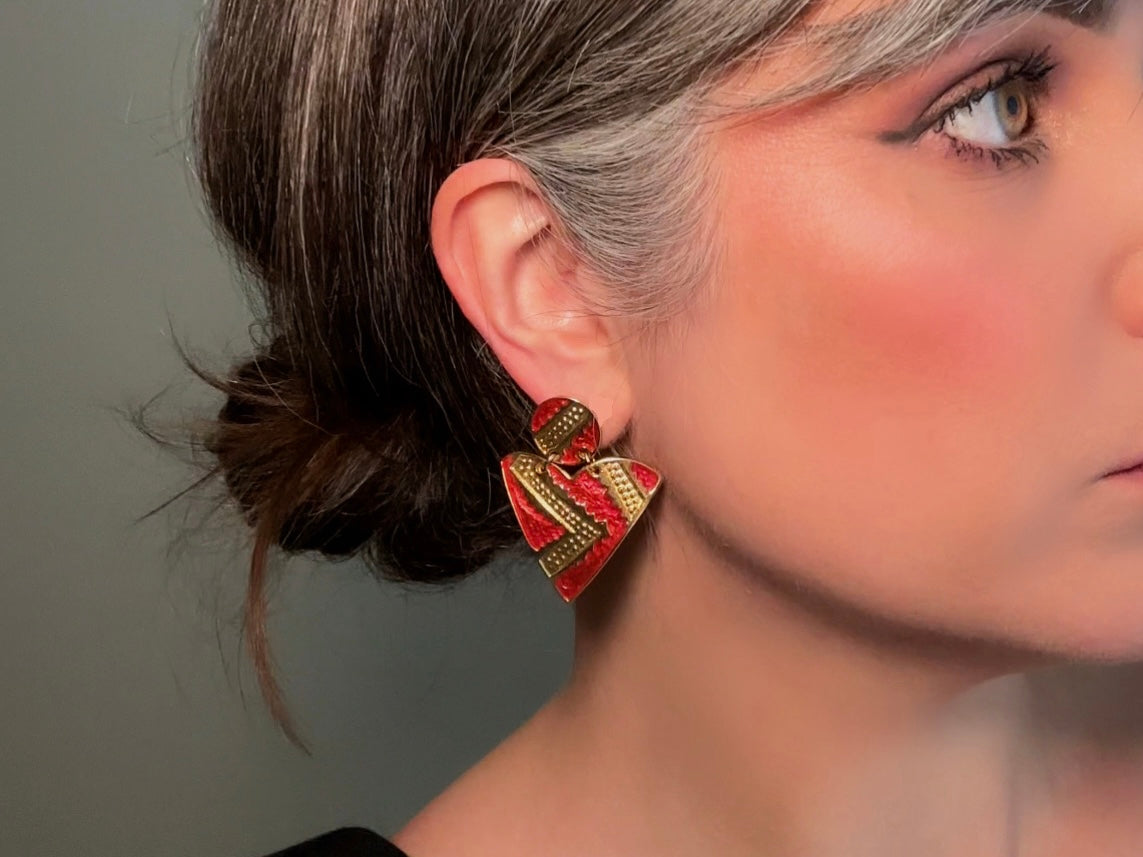 Vintage Geometric Earrings, 1980s Red and Gold Enamel Triangle Pierced Post Earring from Piggle and Pop for size reference modelled 