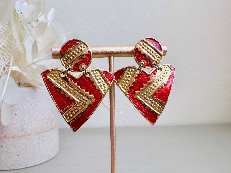 Vintage Geometric Earrings, 1980s Red and Gold Enamel Triangle Pierced Post Earring from Piggle and Pop on display