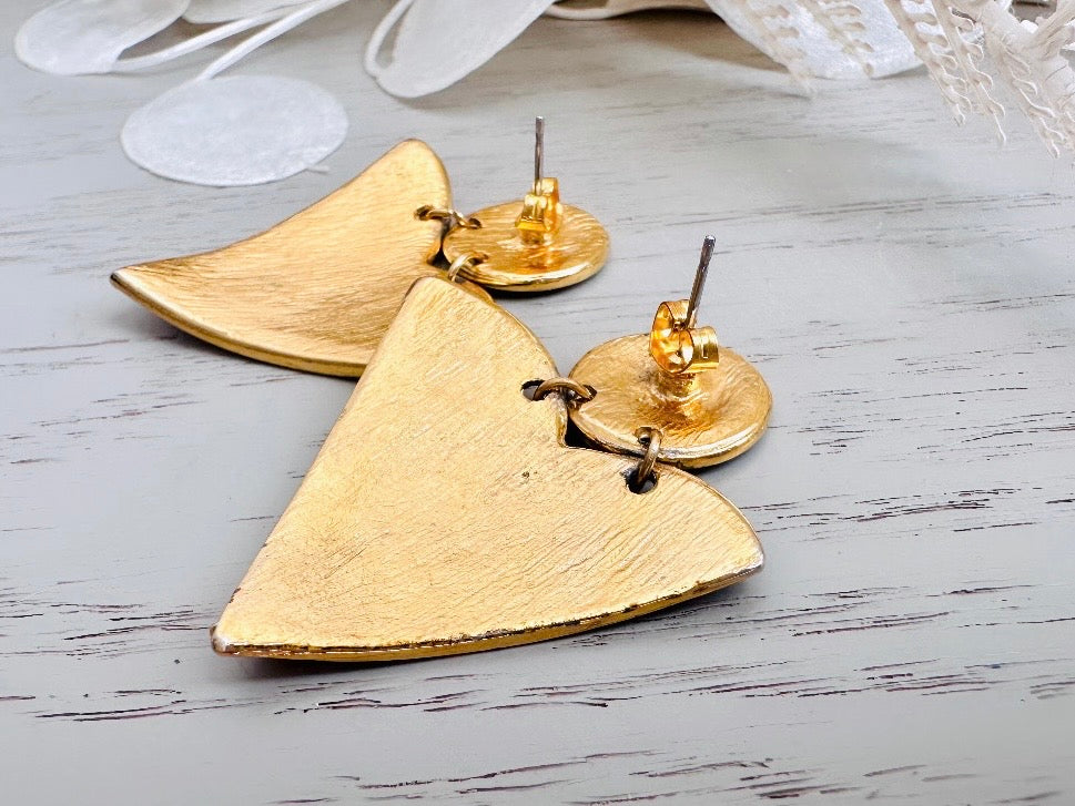 Backs of Vintage Geometric Earrings, 1980s Red and Gold Enamel Triangle Pierced Post Earring from Piggle and Pop