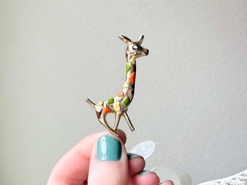 Vintage Giraffe Brooch, 1960s Safari Pin with Orange Yellow + Green Accents