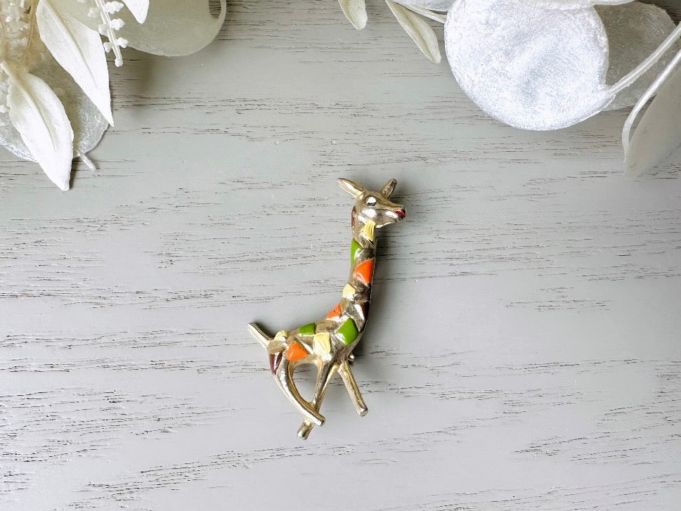 Vintage Giraffe Brooch, 1960s Safari Pin with Orange Yellow + Green Accents top view