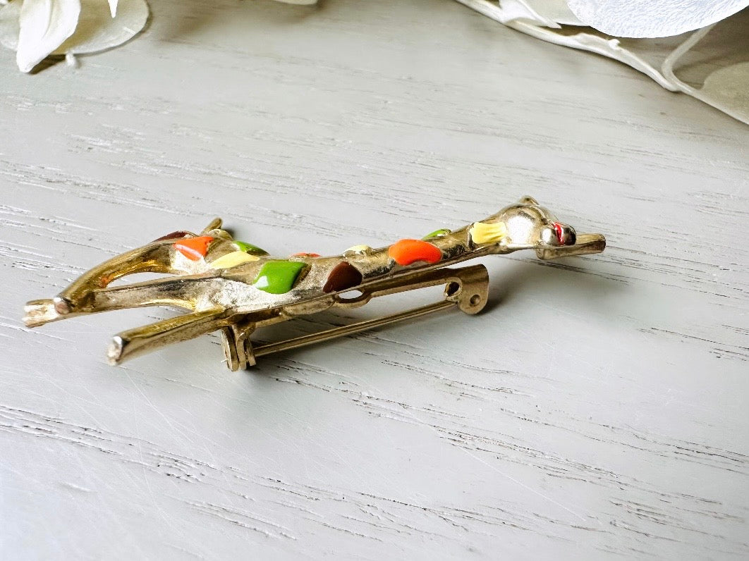 Vintage Giraffe Brooch, 1960s Safari Pin with Orange Yellow + Green Accents side view