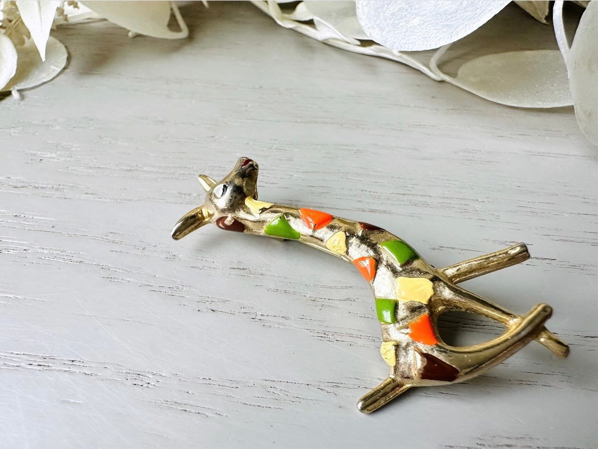 Vintage Giraffe Brooch, 1960s Safari Pin with Orange Yellow + Green Accents bottom view