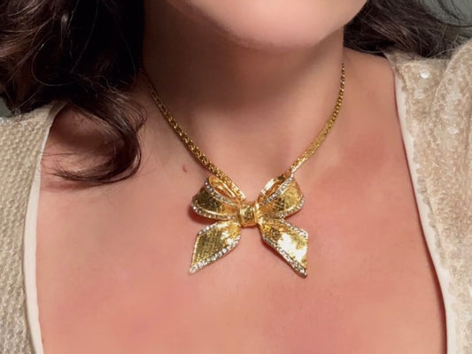 Vintage Gold Bow Necklace, Golden Choker with Gorgeous Oversized Ribbon Pendant with Rhinestone Accents on Sleek Herringbone Gold Chain