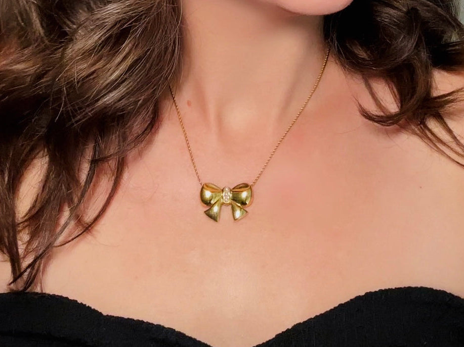 Vintage Gold Bow Necklace, Marvella Slide Pendant Necklace with Tiny Pearl Accents, Gold Ribbon Christmas Necklace on 18" Serpentine Chain