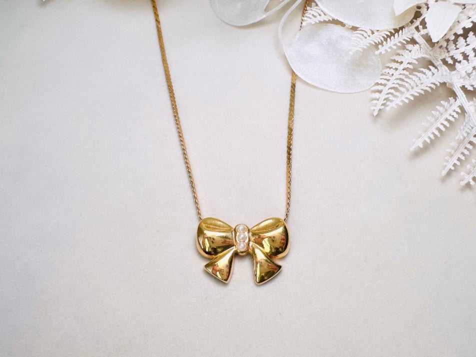 Vintage Gold Bow Necklace, Marvella Slide Pendant Necklace with Tiny Pearl Accents, Gold Ribbon Christmas Necklace on 18" Serpentine Chain