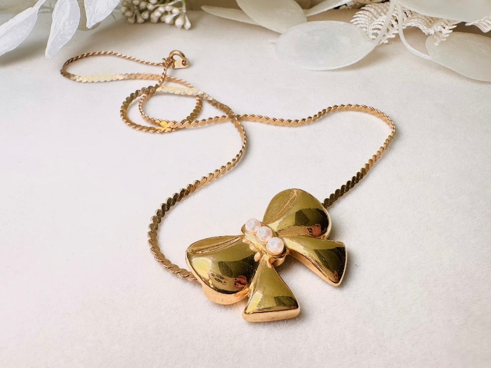 Vintage Gold Bow Necklace, Marvella Slide Pendant Necklace with Tiny Pearl Accents, Gold Ribbon Christmas Necklace on 18" Serpentine Chain